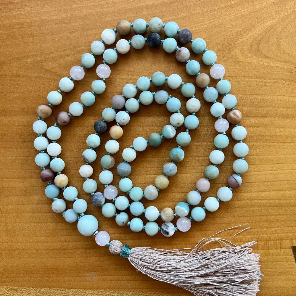 Amazonite and Rose Quartz Hand-Knotted Mala Bead Necklace